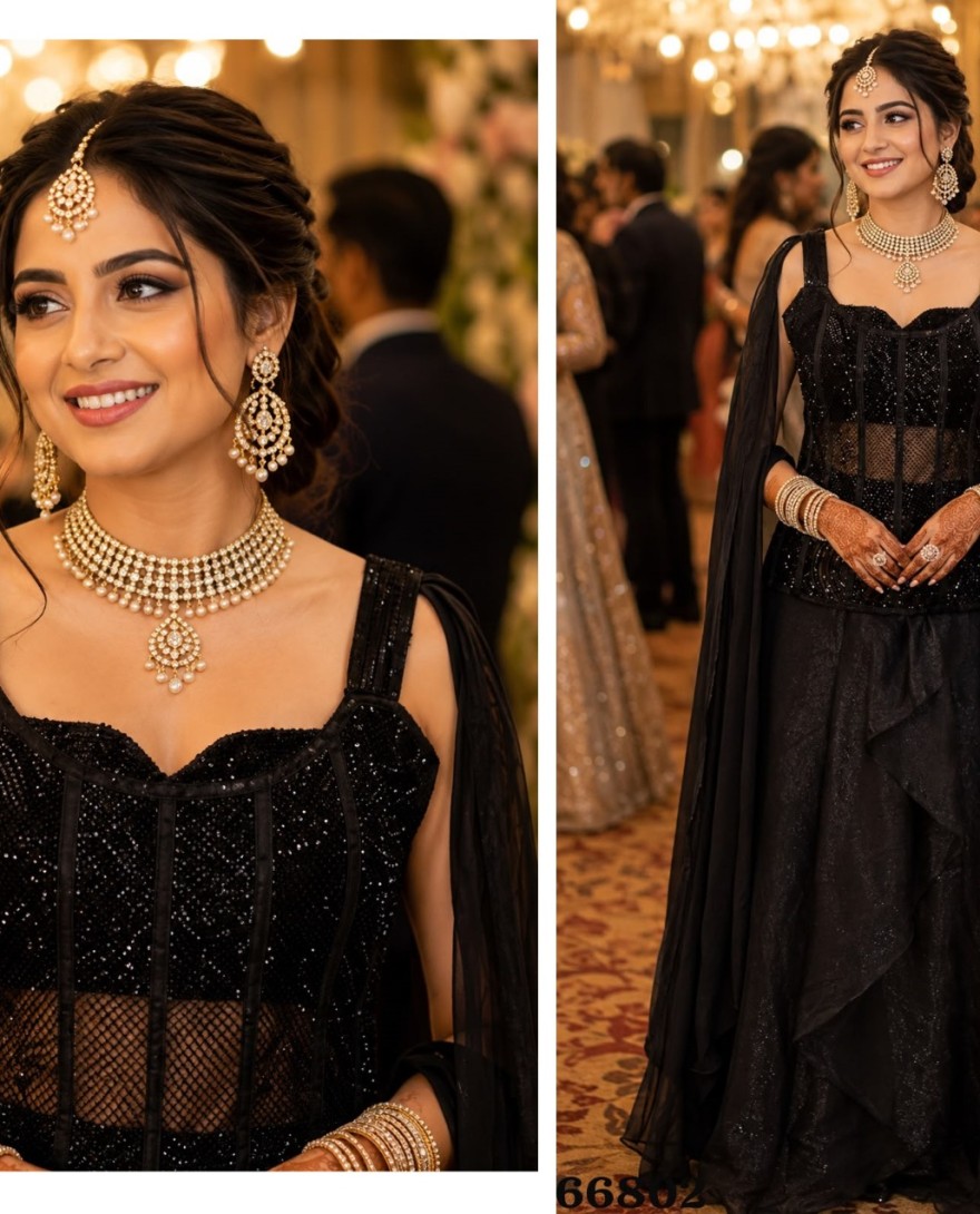 BLACK - Black Embroidered Work Fandy Readymade Lehenga Choli